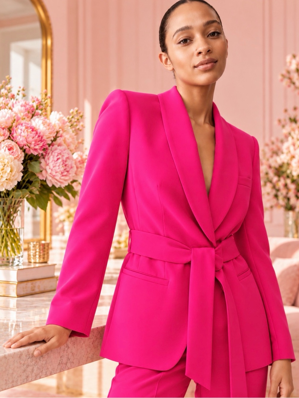 Zara BLAZER JACKET BRIGHT PINK Shawl Tuxedo Collar SZ L tie belt STUNNING COLOR!